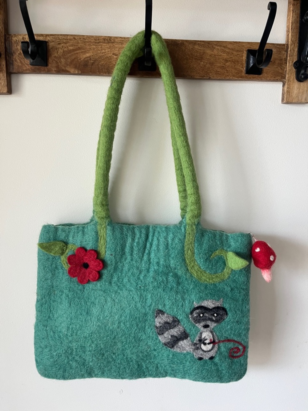 Hand Felted Wool Woodland Bag Raccoon Mushroom Floral Purse Cottagecore